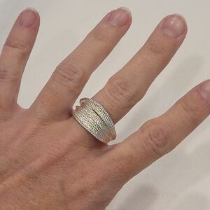 Thick Shiny Silvertone Ring Like A Stack Of Cords, Adjustable